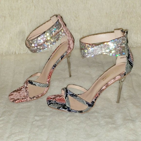 Pink Snake Print Rhinestone Double Ankle Strap Closed Back High Heel Shoes - Picture 3 of 12